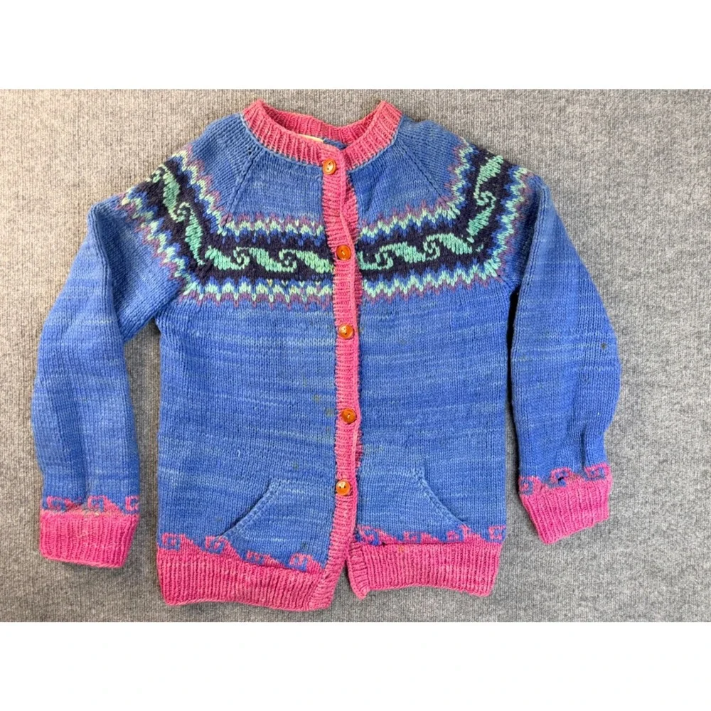 Vintage Hand Knit Wool Cardigan Sweater Blue Pink Fair Isle Heavyweight Boho M
